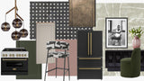Express E-Design mood board featuring black checkerboard marble tile, brass hood vent, black French door refrigerator with gold hardware, olive green cabinetry, and pink and black geometric bar stool — modern eclectic kitchen design by Glasshouse Interior