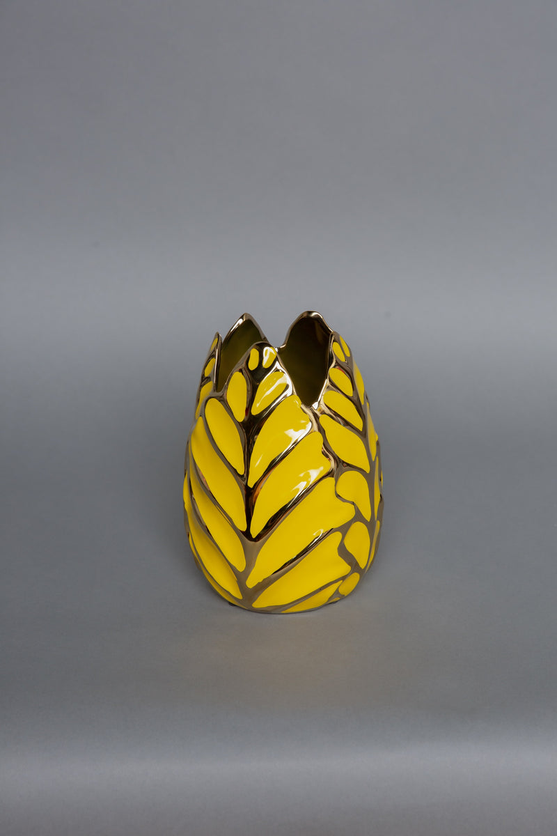Ceramic 8' leaf vase yellow and gold