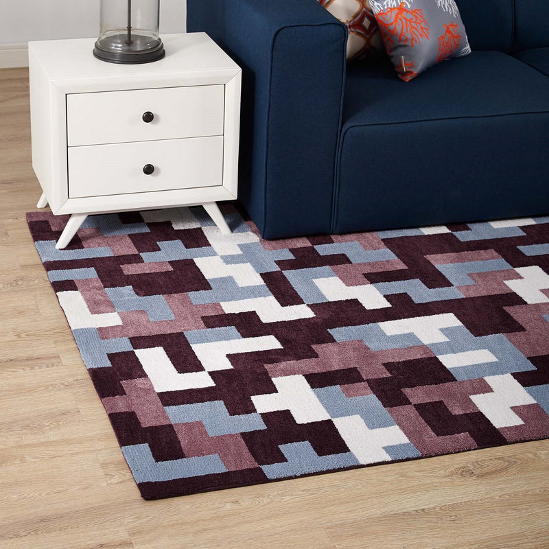 Interlocking Block Mosaic 5x8 Area Rug in Red and Light Blue